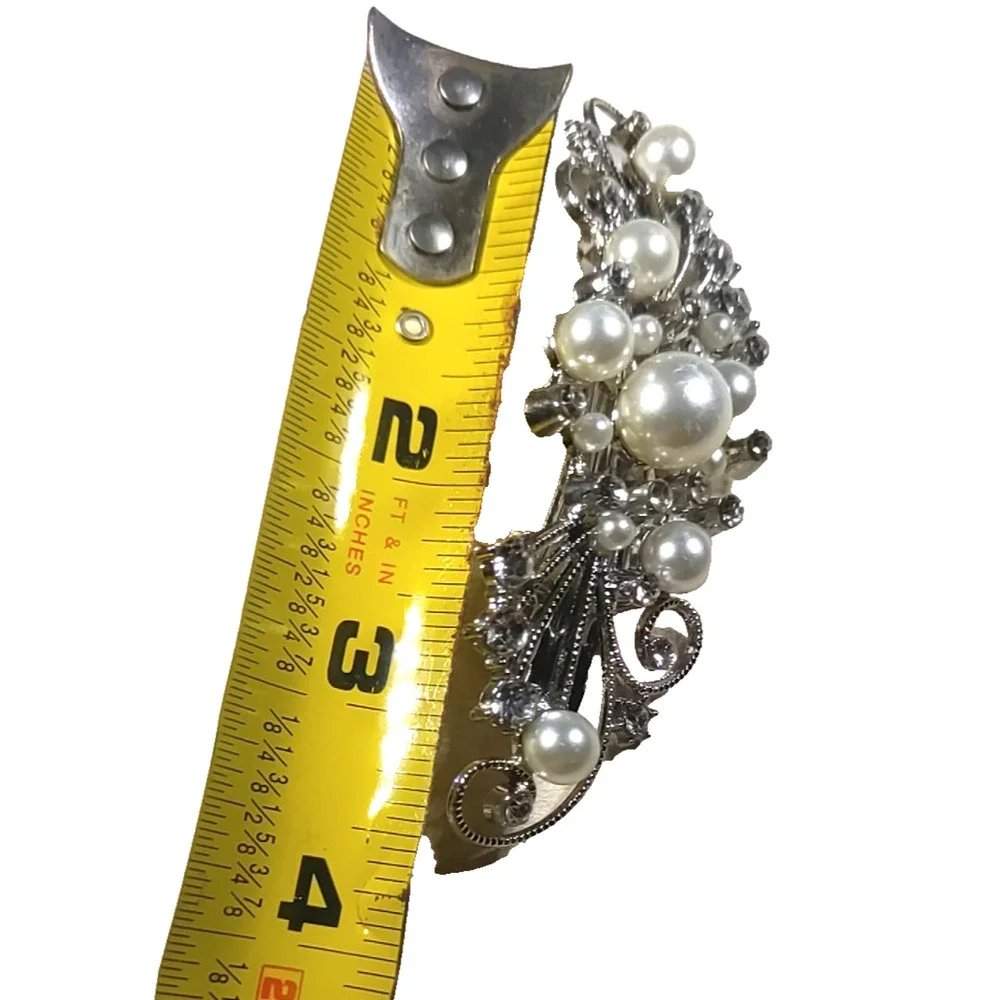 Moon And Stars Hair Barrettes Tension Clip Faux Pearls Rhinestone Silver Tone...